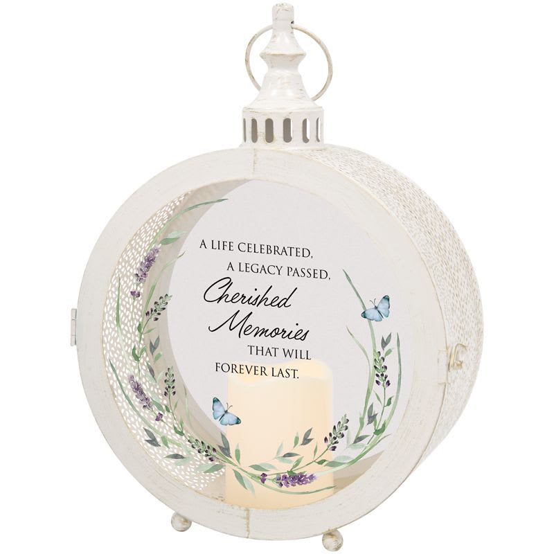 White memorial lantern with butterfly and floral wreath design