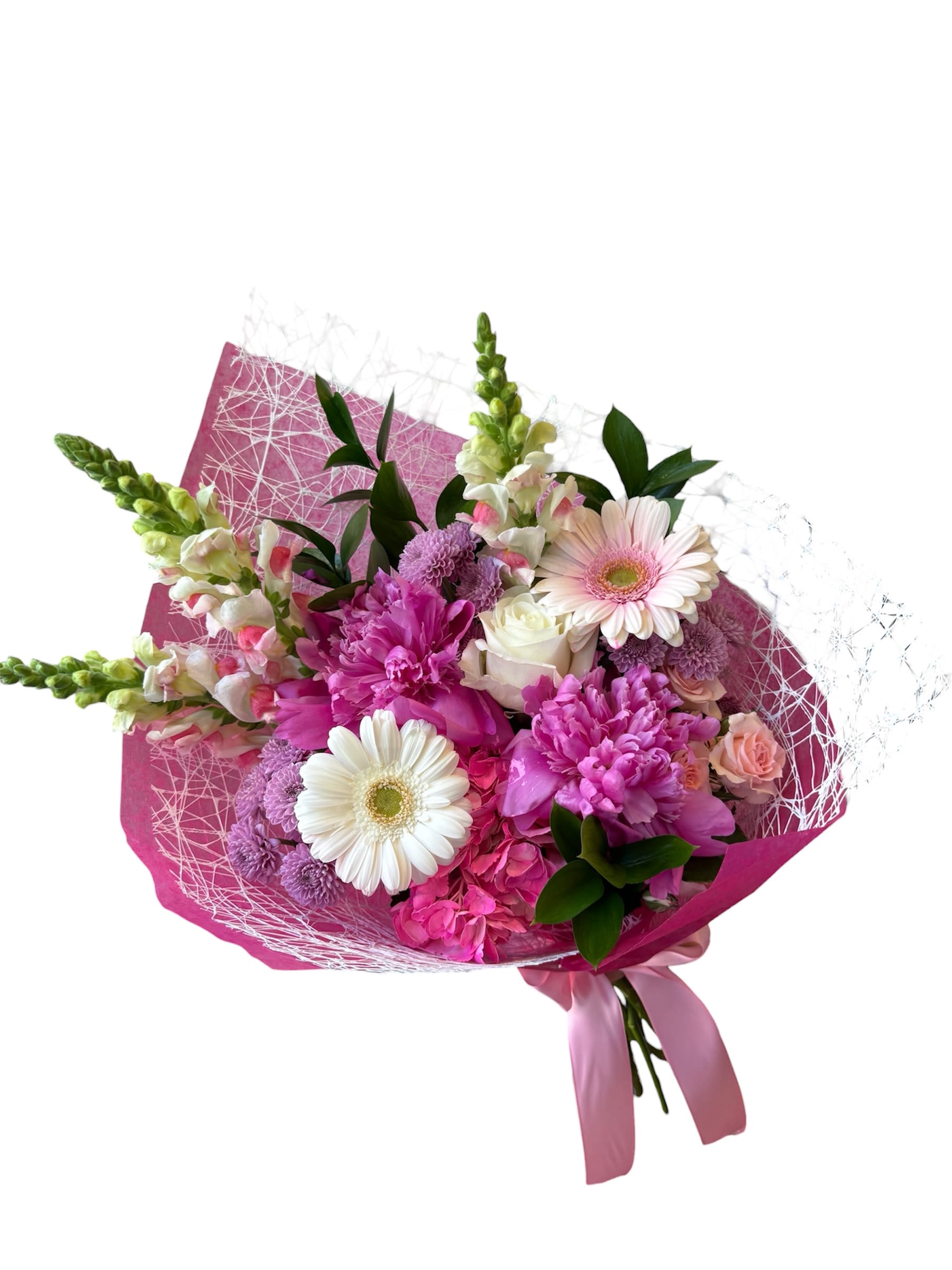 Love You Bunches  - Snapdragons, peonies, hydrangea, spray rose, roses, gerbera daisies, pompons wrapped in paper. As shown in photo. NO VASE INCLUDED
