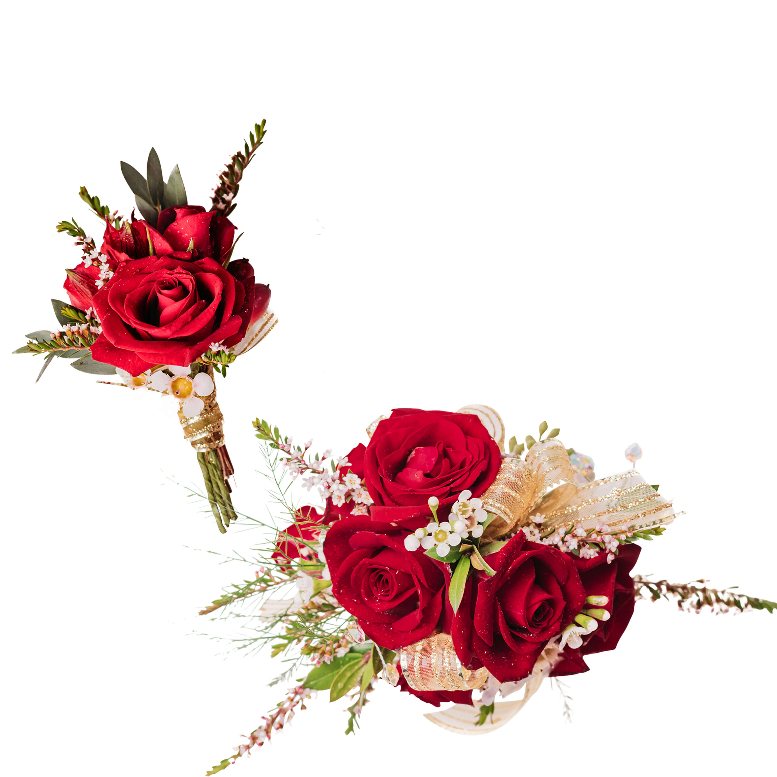 matching rose wrist corsage and boutonniere with gold accent  - Red rose corsage and boutonniere choice of trim  Boutonniere avaible as pocket 