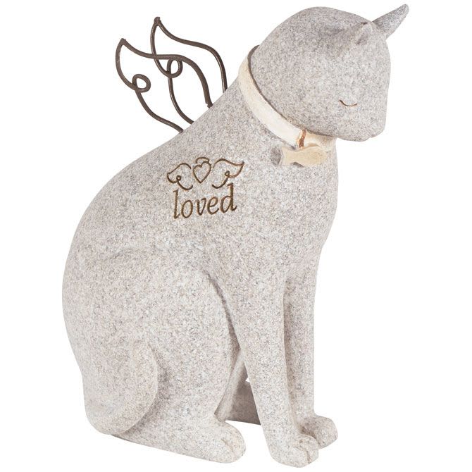 Gray cat figurine with angel wings and the word loved on its chest