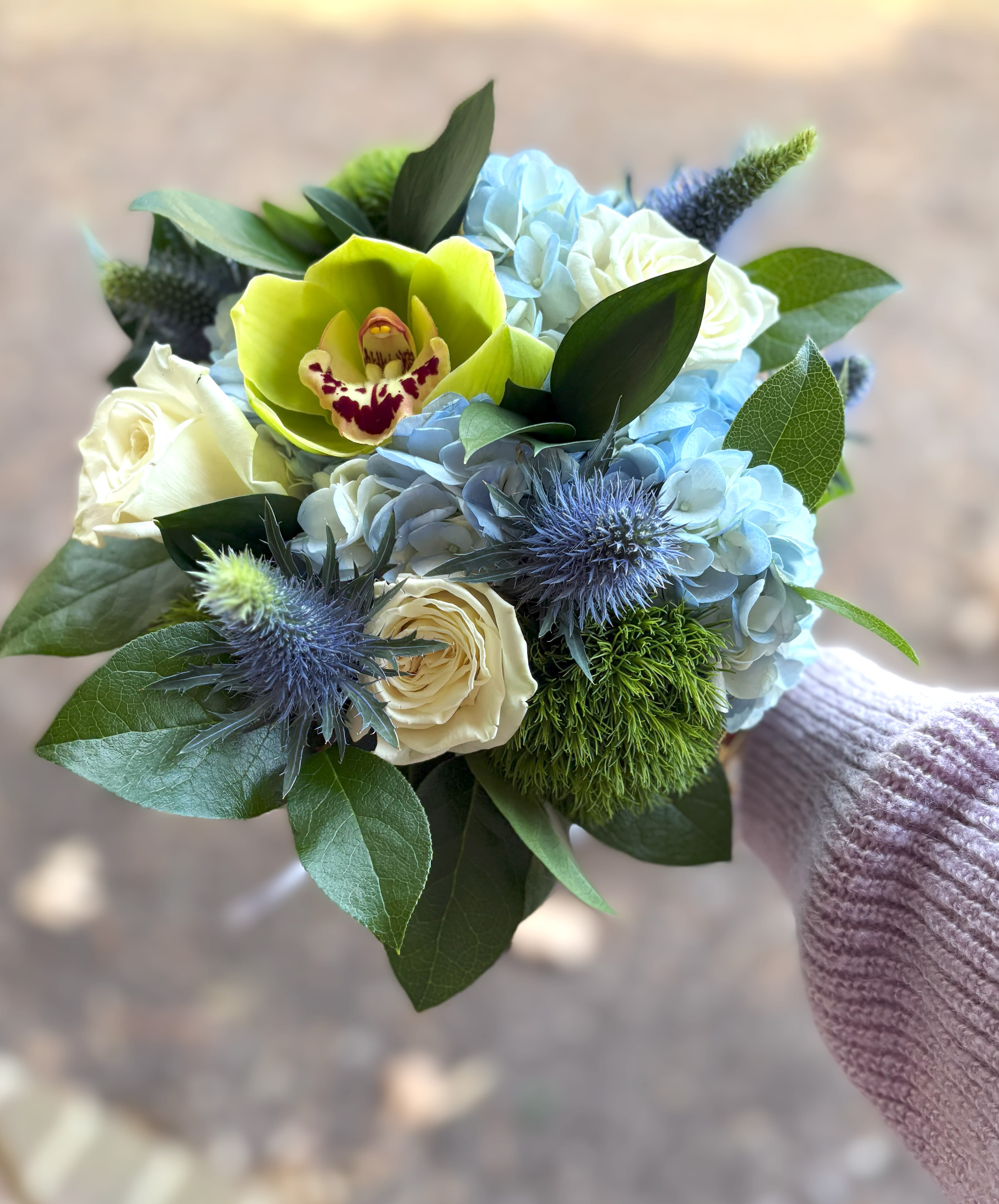 Handheld bouquet with blue hydrangeas, cream roses, a green cymbidium orchid, and blue spiky accents