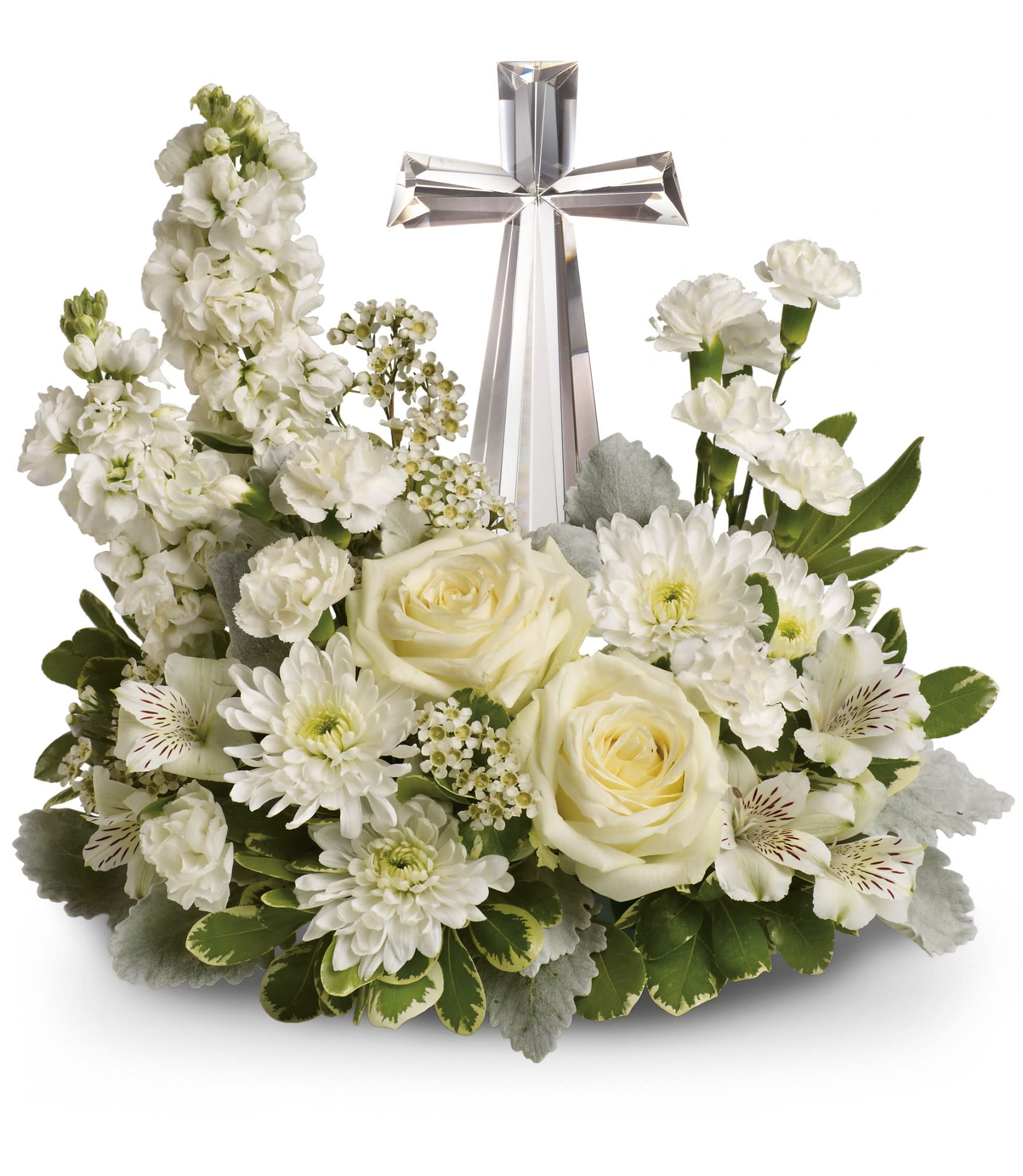 White floral arrangement with a silver cross centerpiece