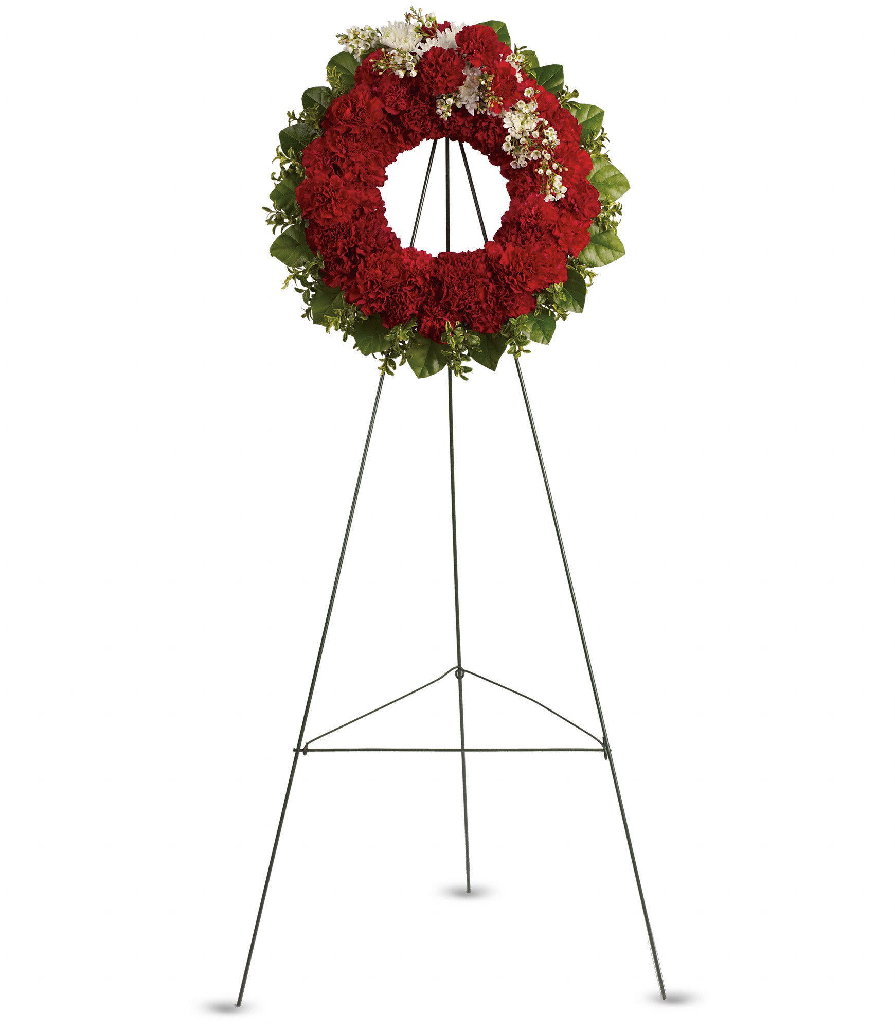 Red floral wreath on a metal easel stand