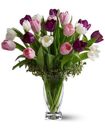 Bouquet of pink, purple, and white tulips in a clear glass vase