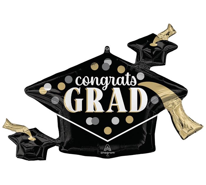Black graduation balloon with gold and white "congrats grad" text