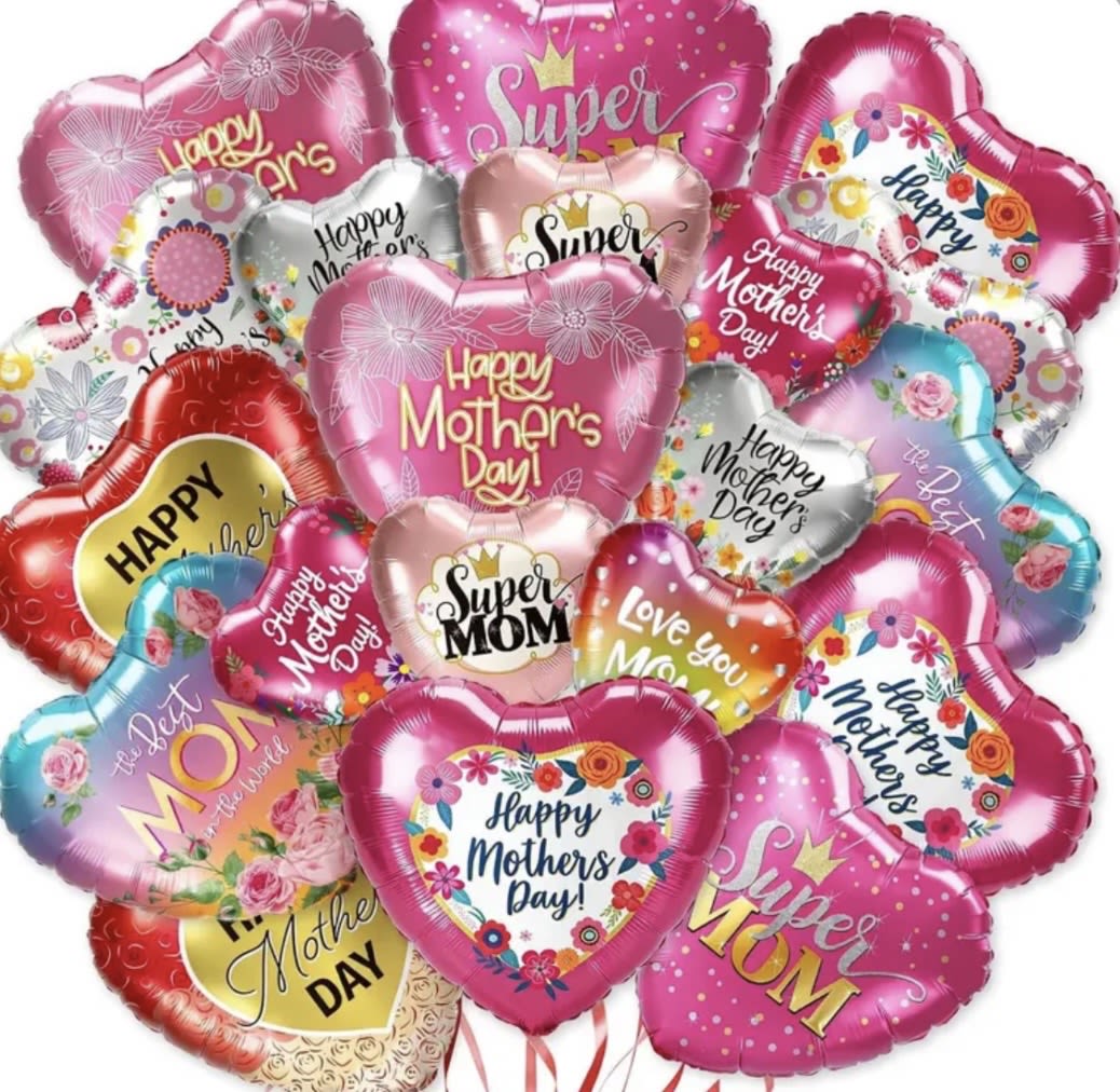Mother’s Day Balloons  - Say "Happy Mother's Day" with the kind of bold, playful affection that makes Mom smile-perfect as a Mother's Day gift or for family celebrations like a mom-to-be shower or birthday. This festive balloon or a balloon arrangement it reads like a joyful, gift-like wall of color rather than a traditional floral bouquet, delivering an immediate, celebratory impression that will make the person you're thinking of feel honored and loved.  The dense cluster features repeated "Mother's Day" and "Super Mom" messages across bright pink and red hearts, with accents of white, yellow, gold and silver plus a few floral-printed balloons for a soft, feminine touch. Foil balloons are tied with coordinating balloon ribbons to create a full, overlapping display that photographs beautifully and works as an on-the-spot centerpiece or a take-home gift. Sized to create a generous visual impact, this cheerful arrangement brings instant party atmosphere with minimal setup.  Ideal for surprising a mother, grandmother, or special caregiver, this arrangement communicates appreciation and celebration in a fun, modern way. Balloons arrive ready to display-keep them away from sharp edges and extreme heat to preserve the foil finish-and pair easily with a small bouquet or box of chocolates for an extra-special presentation.
