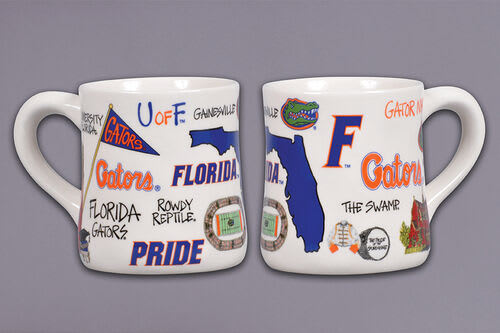 Two white mugs with Florida Gators logos and text