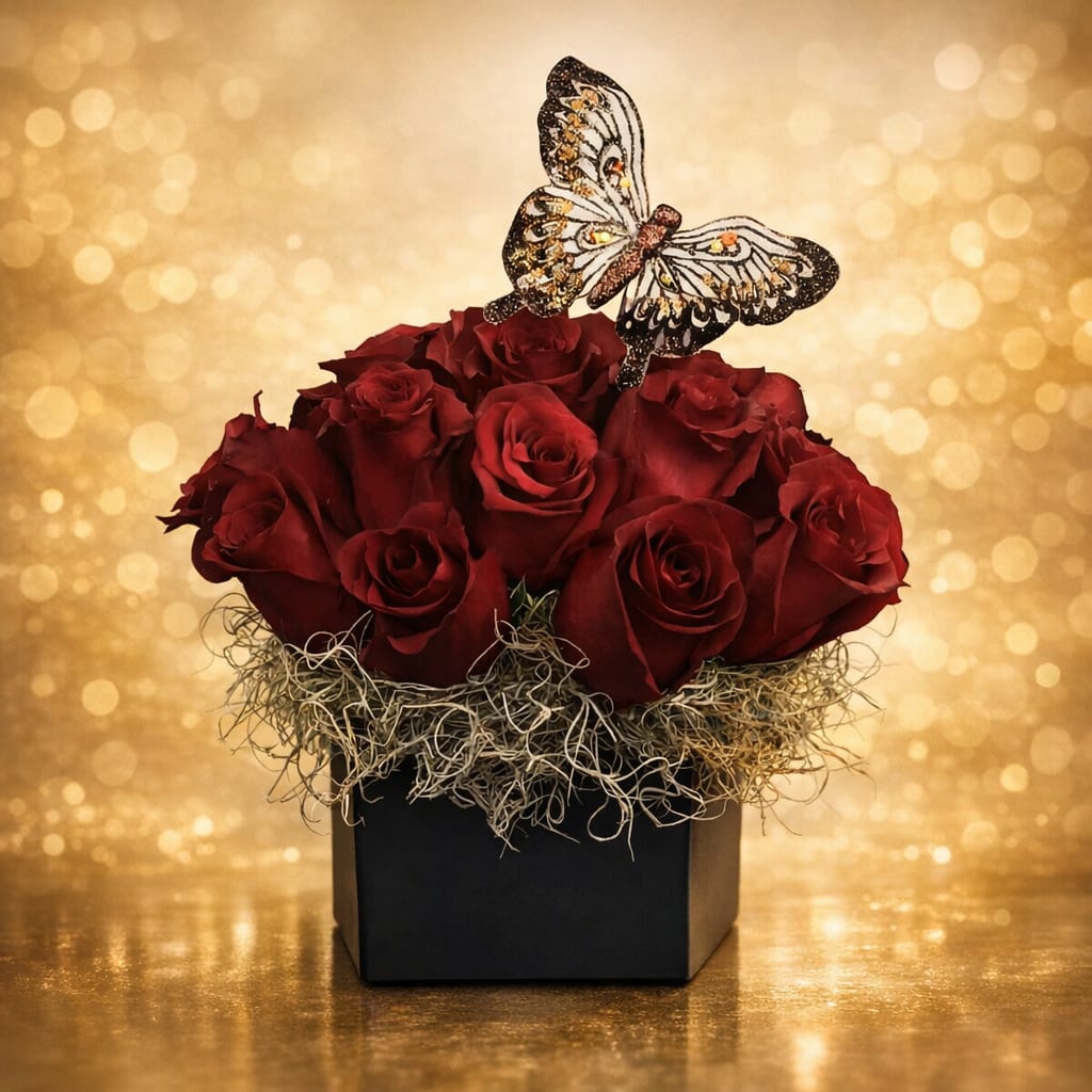 The Red Affair  - This stunning arrangement features lush, velvety red roses gathered in a sleek black container, symbolizing deep love and timeless elegance. Nestled with natural textural accents and crowned with a shimmering butterfly, the design evokes romance, transformation, and beauty in full bloom. Bold yet graceful, this piece makes a captivating statement—perfect for anniversaries, celebrations of love, or any moment meant to be unforgettable.  **Please note the butterflies may vary in color.**