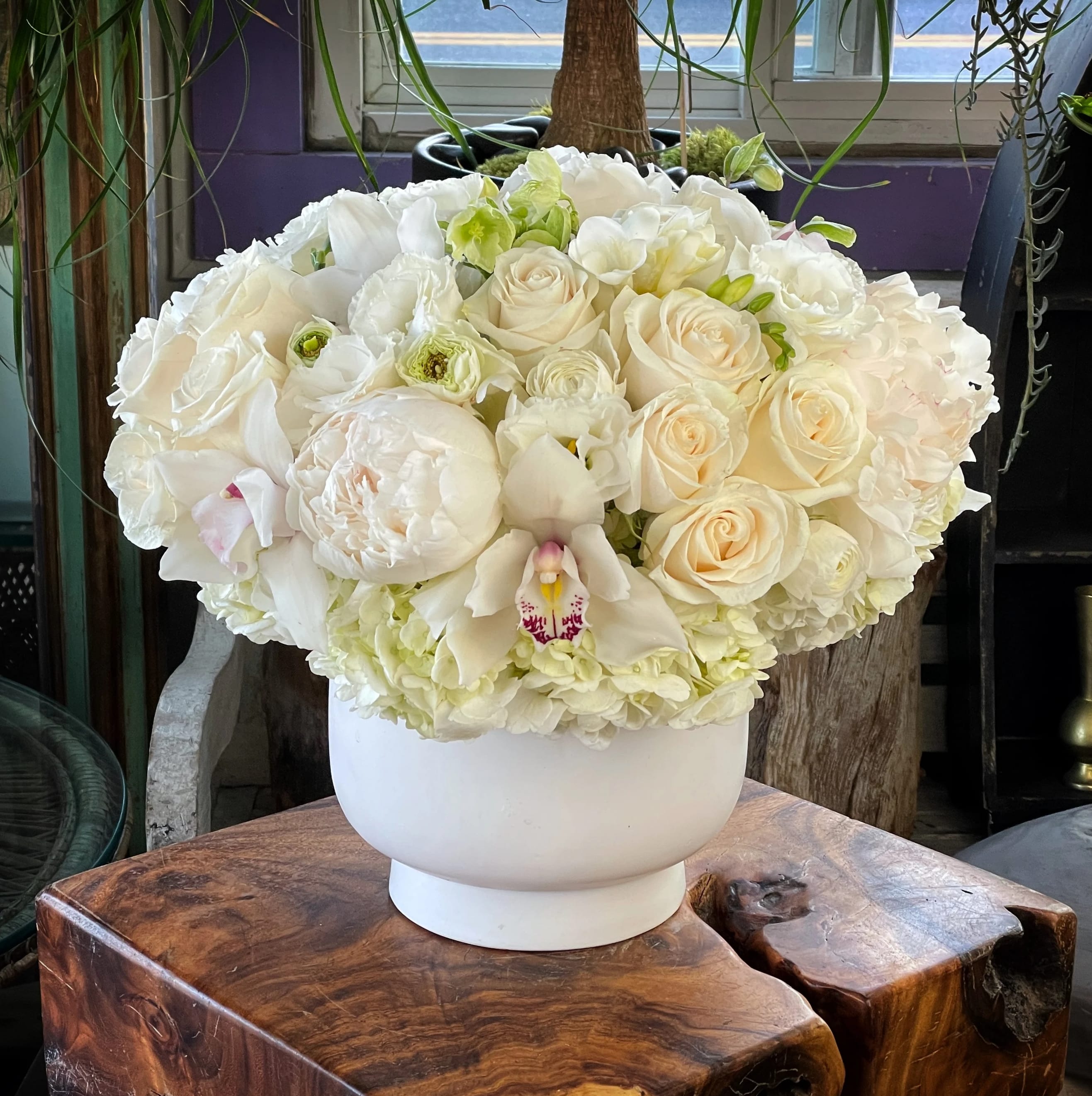 White Blooming  - Premium White Roses, Hydrangea, Peonies, and ...in ceramic vase.