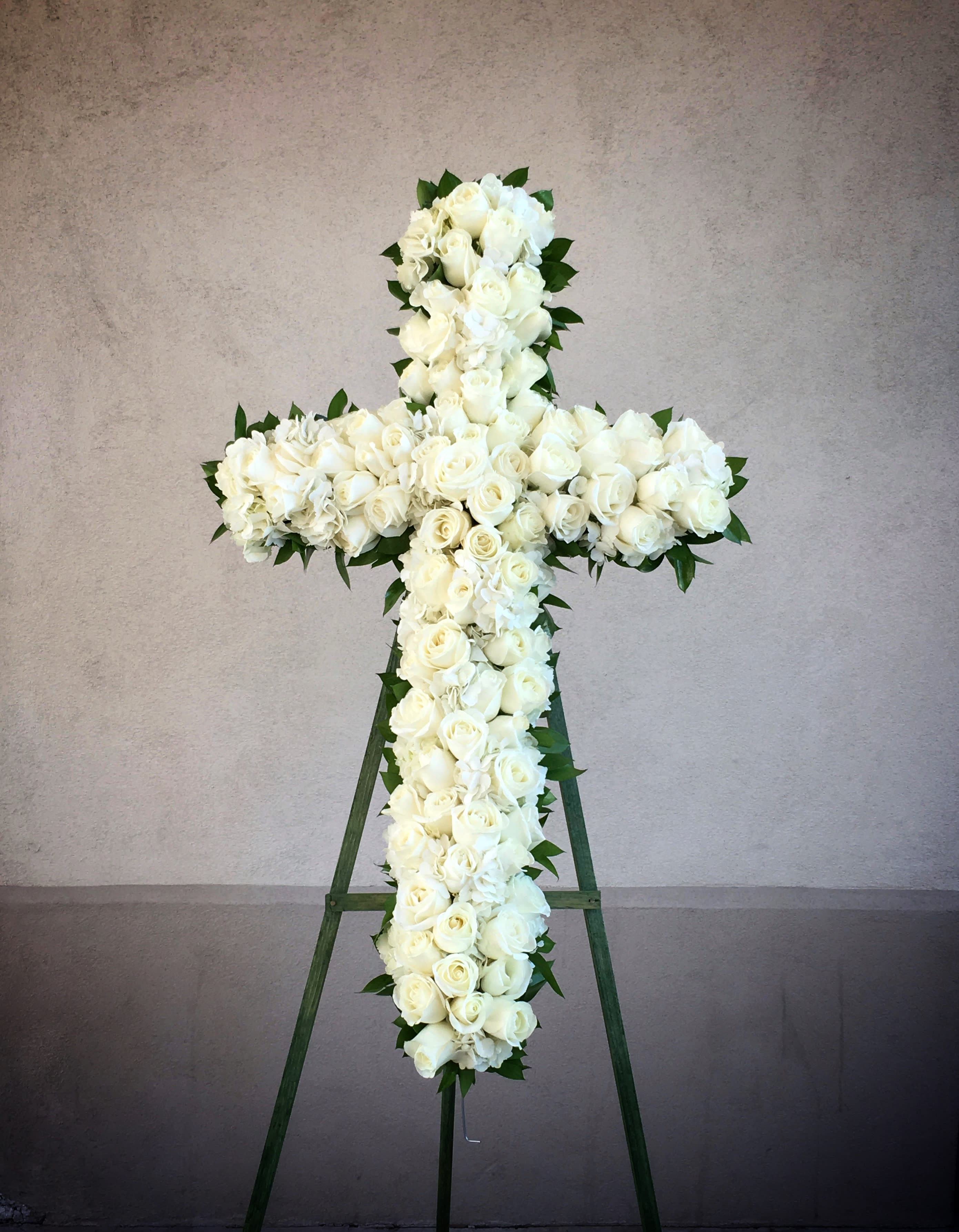 Holy Cross - Roses, Hydrangea, and green leaves on cross