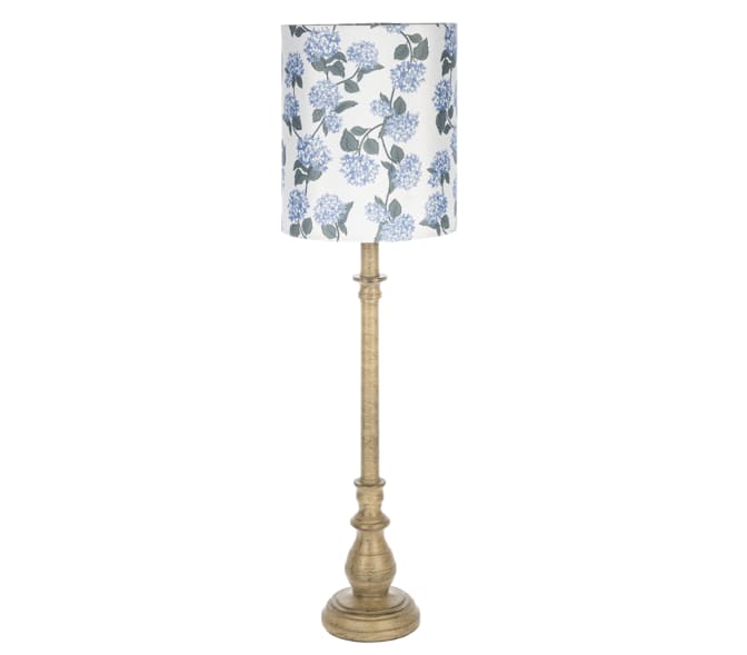 Tall floor lamp with a blue floral shade and gold base