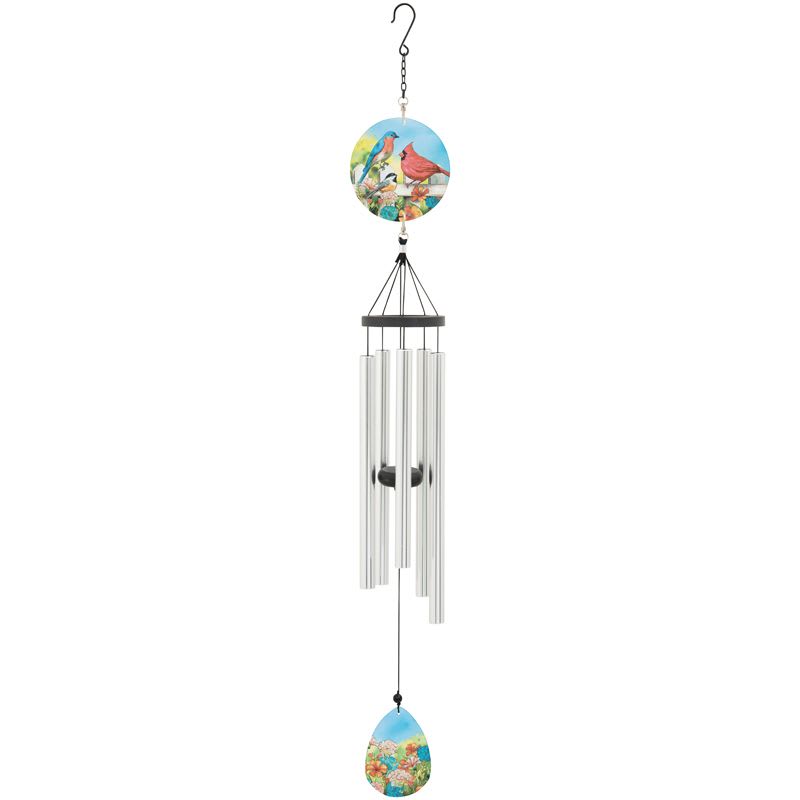 "Songbirds" - 37" Glass Art Chime - Aluminum construction with an industrial cord and adjustable striker. Design is printed on glass.  L: 37" W: 4.75"