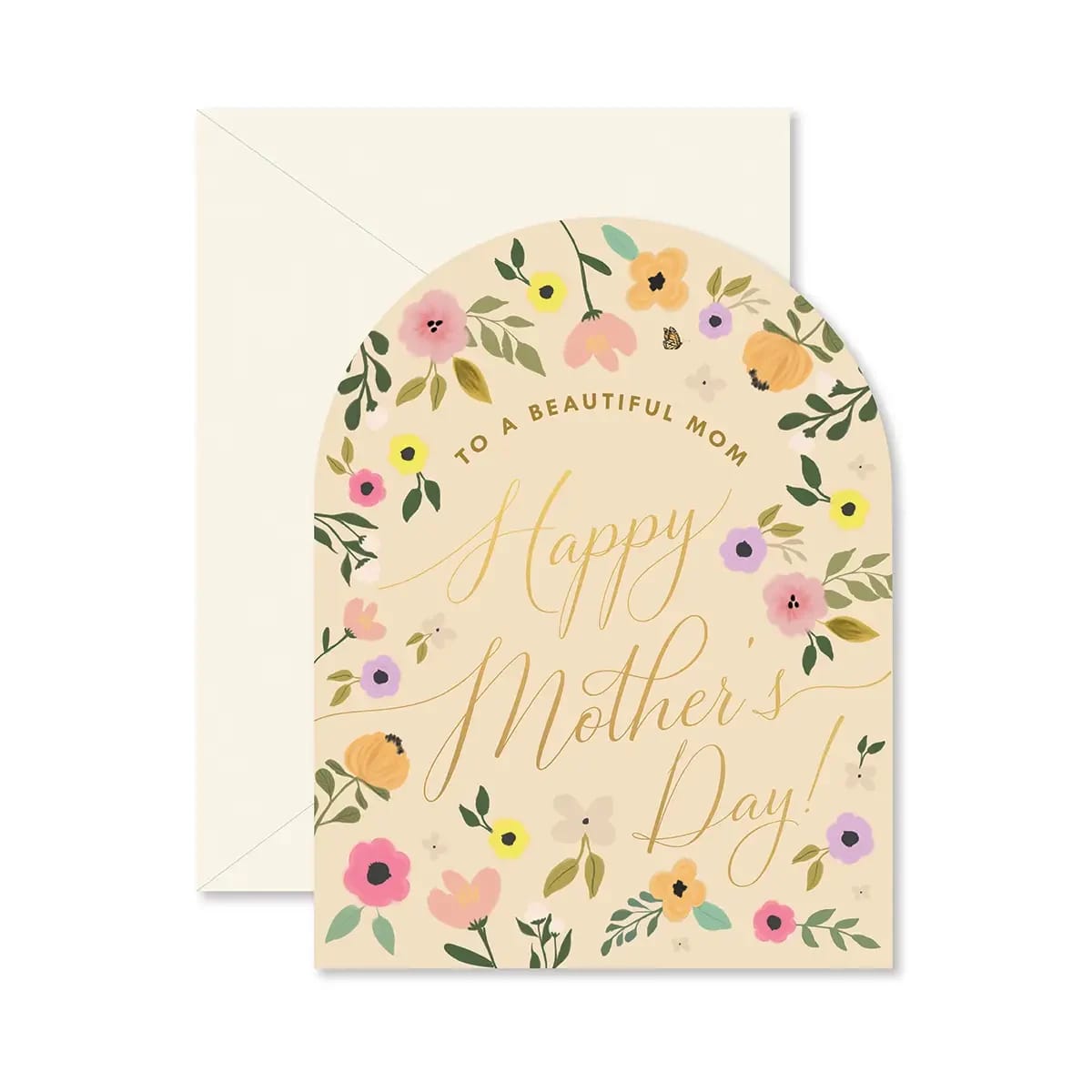 Happy Mothers Day Card - Celebrate mom with this beautiful designed mother's day card, featuring a soft pastel background and a delicate floral wreath that surrounds an elegant handrwritten-style message. 