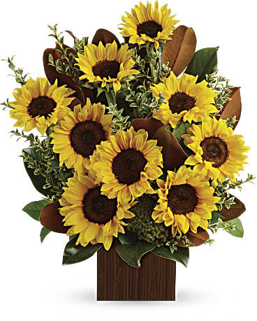 Sunflower bouquet in a wooden box with green foliage