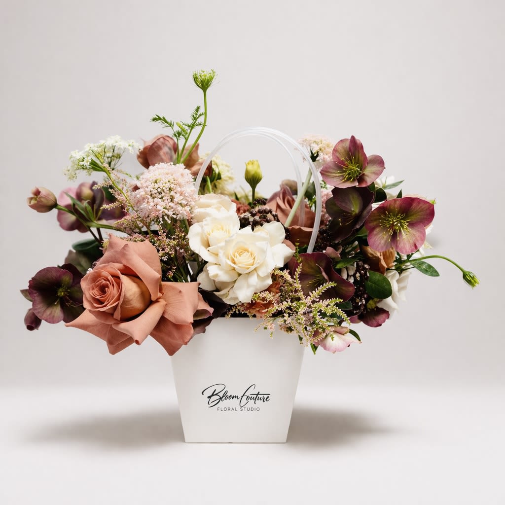 Merlot Twilight - This arrangement blends soft romance with rich, moody tones. Cream and dusty-pink roses create a gentle, elegant base, while deep plum hellebores add dramatic contrast. Wispy white and blush filler flowers bring movement and texture, giving the bouquet a natural, garden-gathered feel. Presented in a chic white Bloom Couture Floral Studio carrier, it strikes a balance between refined luxury and organic charm—perfect for gifting or elevating a special moment.