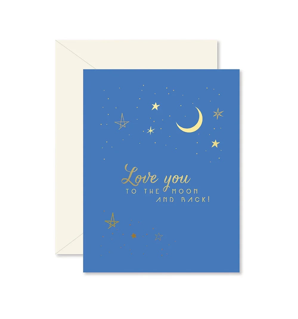Love You to The Moon and Back Card - Send a heartfelt message with this elegant greeting card featuring a deep blue night sky design, accented with shimmering gold stars and a crescent moon. 