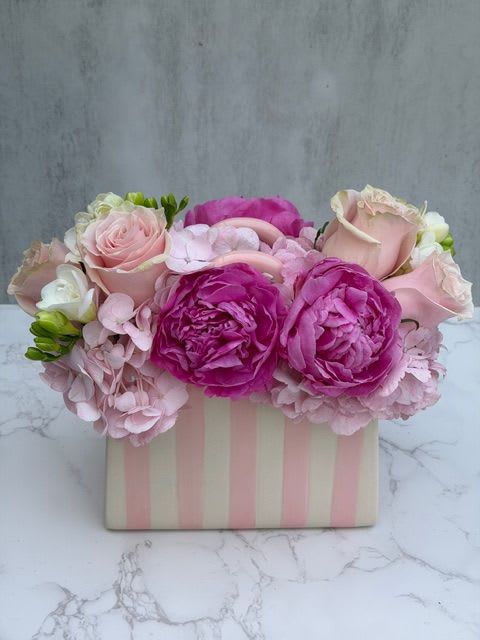 The Pink Floral Bag  - A beautiful ceramic pink and white stripped "pocketbook" measuring 5" x 8", designed with pink hydrangeas, roses, peonies and touch of white freesia. It's the perfect gift for any Mom in your life! 