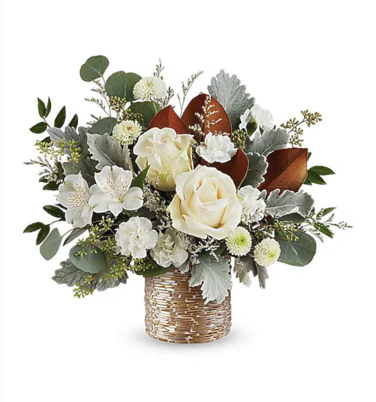 White Mod Bouquet - White Mod Bouquet includes crème roses, white alstroemeria, white miniature carnations, white button spray chrysanthemums, limonium, magnolia leaves, seeded and silver dollar eucalyptus