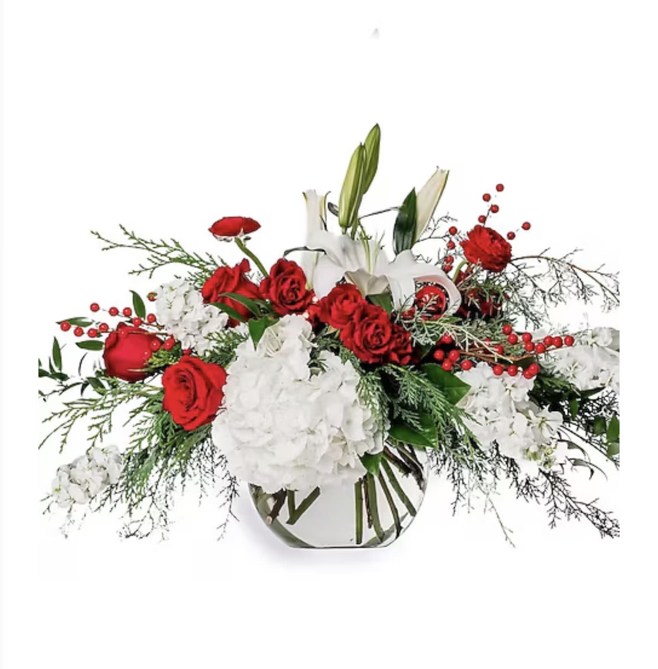 Bubbling with Joy - A celebration is in order. Bubbling with Joy is perfect to add elegance and warmth. White hydrangea and lilies bubble over with red roses in this fun and fancy bubble bowl.