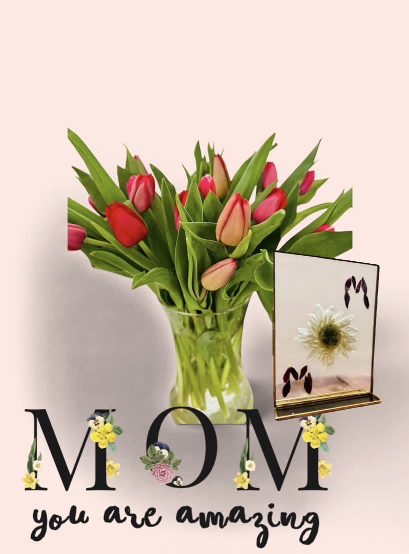 Mother's Day Bundle 1 - Bundle together lovely tulips and a pressed flower picture frame beautifully wrapped. Because mom deserves the best! FREE FULL-SIZE MOTHER'S DAY GREETING CARD WITH BUNDLE PURCHASE!