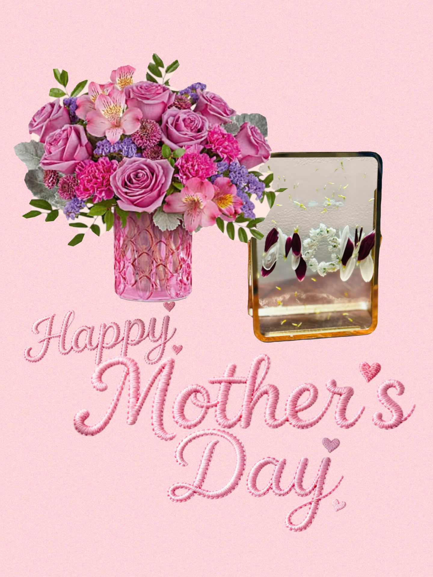 Mother's Day Bundle 2 - Dazzle mom with pink flowers in a keepsake pink vase with a pressed flower picture by local artist. We will wrap your gift to impress FREE FULL-SIZE MOTHER'S DAY GREETING CARD WITH BUNDLE PURCHASE!