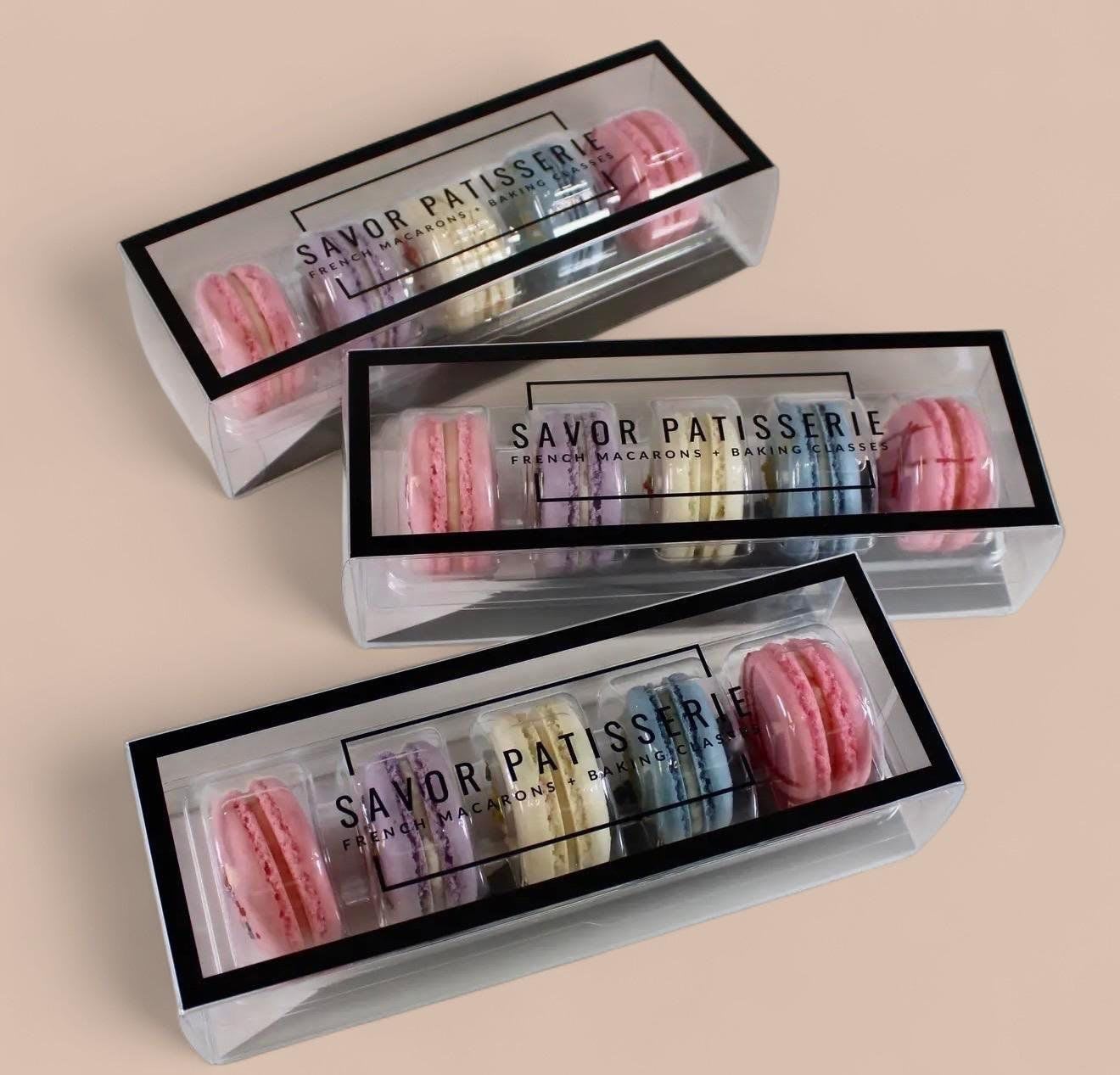 French Macarons (The Unicorn Collection) - Gift box containing 5 Macarons: Birthday Cake, Blueberry Cheesecake, Champagne, Lavender, &amp; Strawberry Shortcake.  Enjoy at room temperature. Store in the refrigerator for up to two weeks