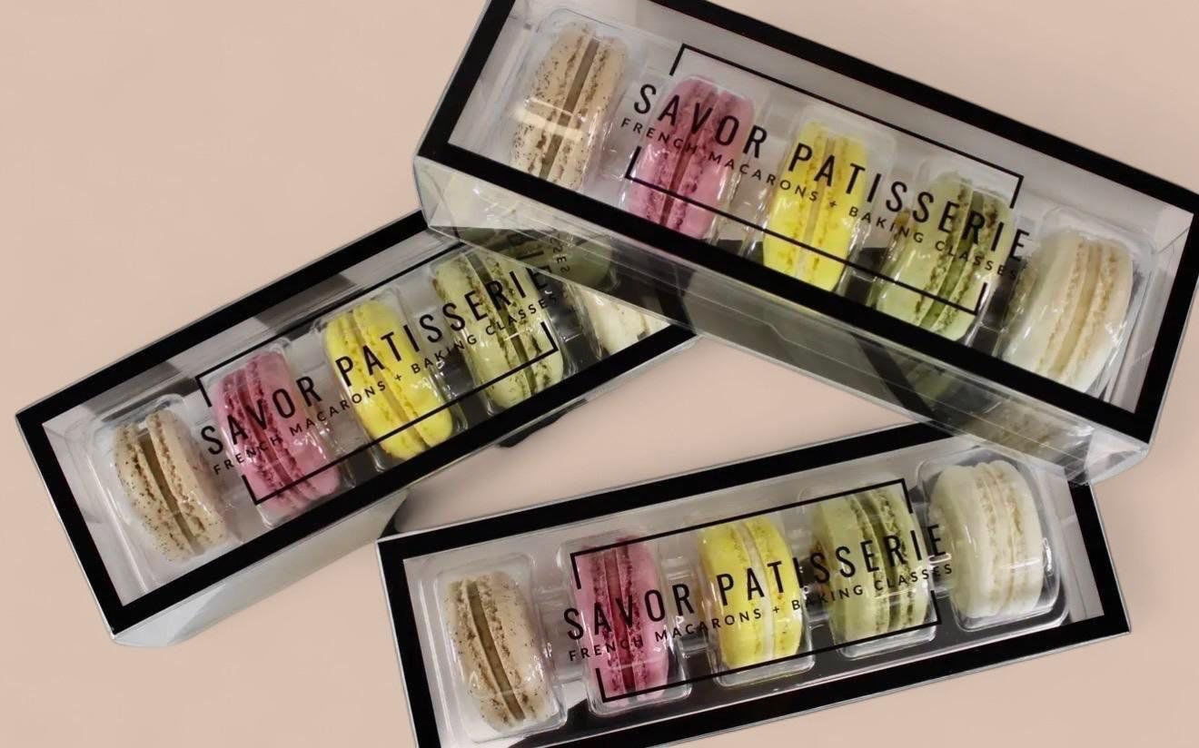 French Macarons (The Classics Collection)  - Gift box containing 5 Macarons: Coffee, Raspberry, Lemon, Vanilla, and Pistachio.  Enjoy at room temperature. Store in refrigerator for up to 2 weeks after opening.