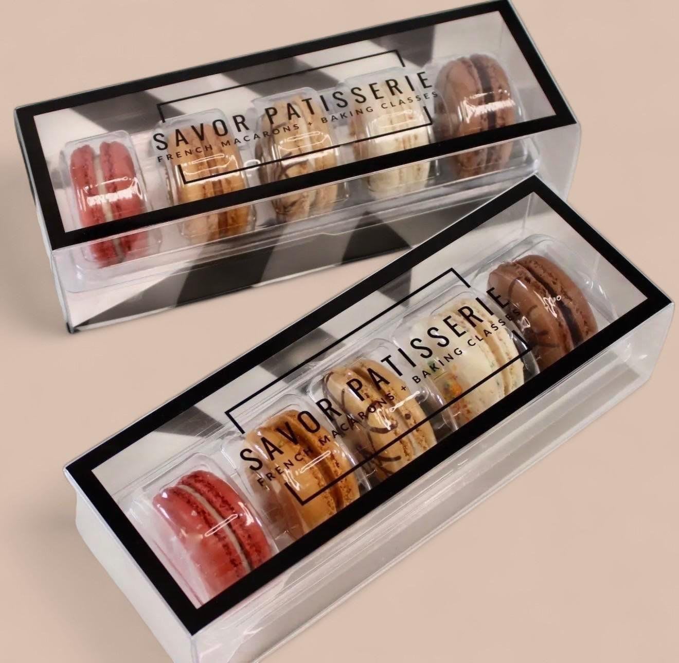 French Macarons (Southern Flavor Collection) - Gift box containing 5 Macarons: Red Velvet, Salted Caramel, S’mores, Fruit Pebbles, and Chocolate.  Enjoy at room temperature. Store in refrigerator after opening for up to two weeks.