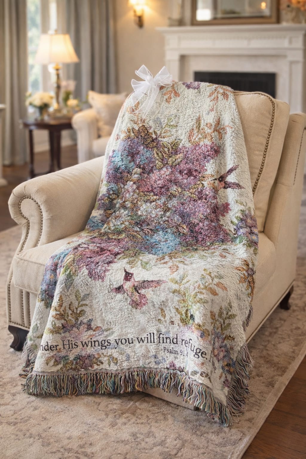 Whisper Wings Afghan Throw - Give Mom a gift she can truly use and cherish with our “Under His Wings You Will Find Refuge” woven throw from Aspen Tower Florist in Greensburg, Indiana. This beautiful keepsake features soft floral artwork, graceful hummingbirds, and the comforting words of Psalm 91:4, creating a meaningful blend of beauty, faith, and everyday comfort.  Perfect for Mother’s Day, this decorative throw adds warmth and elegance to a sofa, chair, bedroom, or reading nook while serving as a daily reminder of love and encouragement. Each throw is carefully folded, beautifully tied, and finished with a pretty bow, making it ready to gift the moment it arrives.  Whether you are honoring your mother, grandmother, wife, or someone who has loved like a mother, this woven throw is a heartfelt alternative to traditional flowers and a lasting gift she can enjoy for years.  Available for local delivery and gift giving from Aspen Tower Florist, proudly serving Greensburg, Indiana and surrounding communities. When you want to send something thoughtful, comforting, and memorable for Mother’s Day, this elegant throw is a beautiful choice.