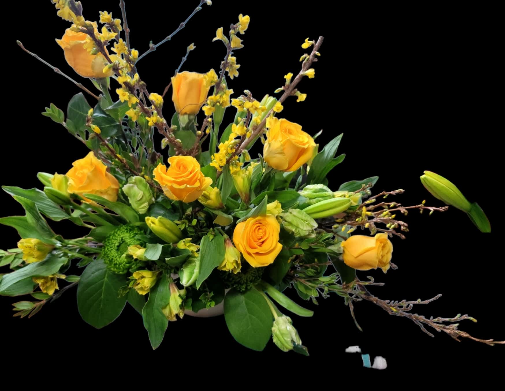 Mom's Favorite Color - Yellow was my Mom's favorite color...in her honor, we have designed this gorgeous arrangement. A mix of premium blooms, in a rectangular wood container, giving you a very unique, garden like arrangment, looks like it was growing outside your window, including some of the following, lillies, roses, tulips, euc,curly willow and multiple types of greenery for an arrangment anyone would be excited to recieve
