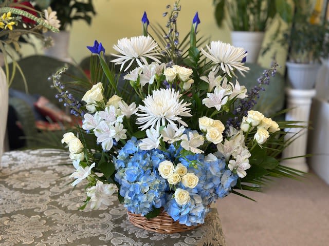 Basket of Blue &amp; White - Basket of Blue &amp; White Flowers. hydrangea, fuji mums, spray roses, delphinium and iris