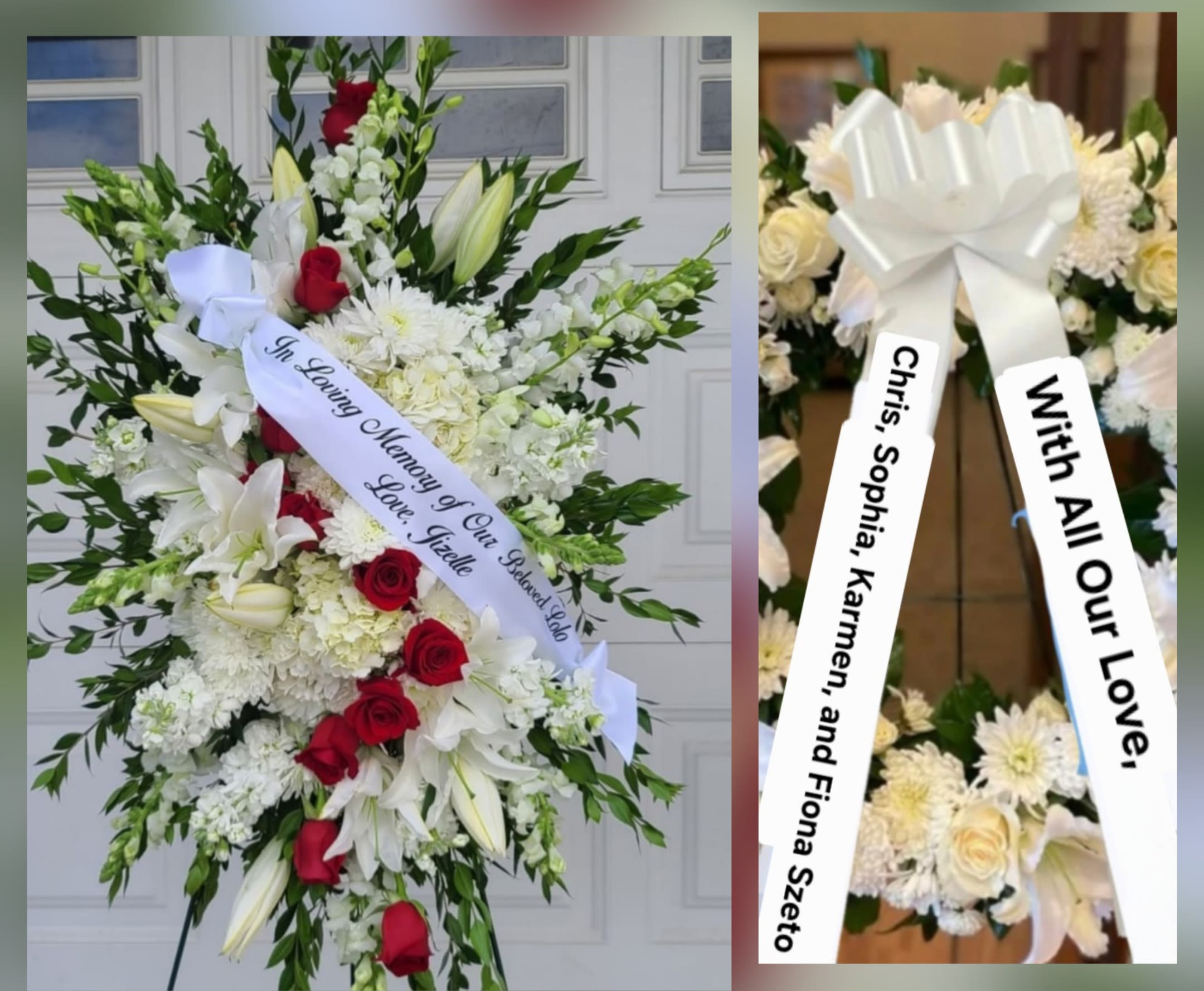 Sympathy Standing Spray - Red Roses &amp; White Lily's  - A formal standing sympathy spray that speaks with quiet dignity, arranged for funeral and memorial services. Dominated by serene white lilies, clustered white chrysanthemums/hydrangea-like blooms and glossy greenery, this tall oval spray is punctuated with clusters of red roses to provide a respectful focal point. A wide white ribbon printed with a memorial message and accompanied by a printed sash makes the tribute personal and appropriate for graveside or service display.  Carefully layered for a full, ceremonial silhouette, the arrangement mounts on a standing easel and arrives ready to place. The mix of lilies, roses, chrysanthemums and hydrangea-like flowers creates texture and depth while the green foliage frames the composition. Sized for prominence at services, this traditional, solemn piece offers a meaningful way to honor the person you're remembering; order details and any custom name on the memorial ribbon can be added at checkout.