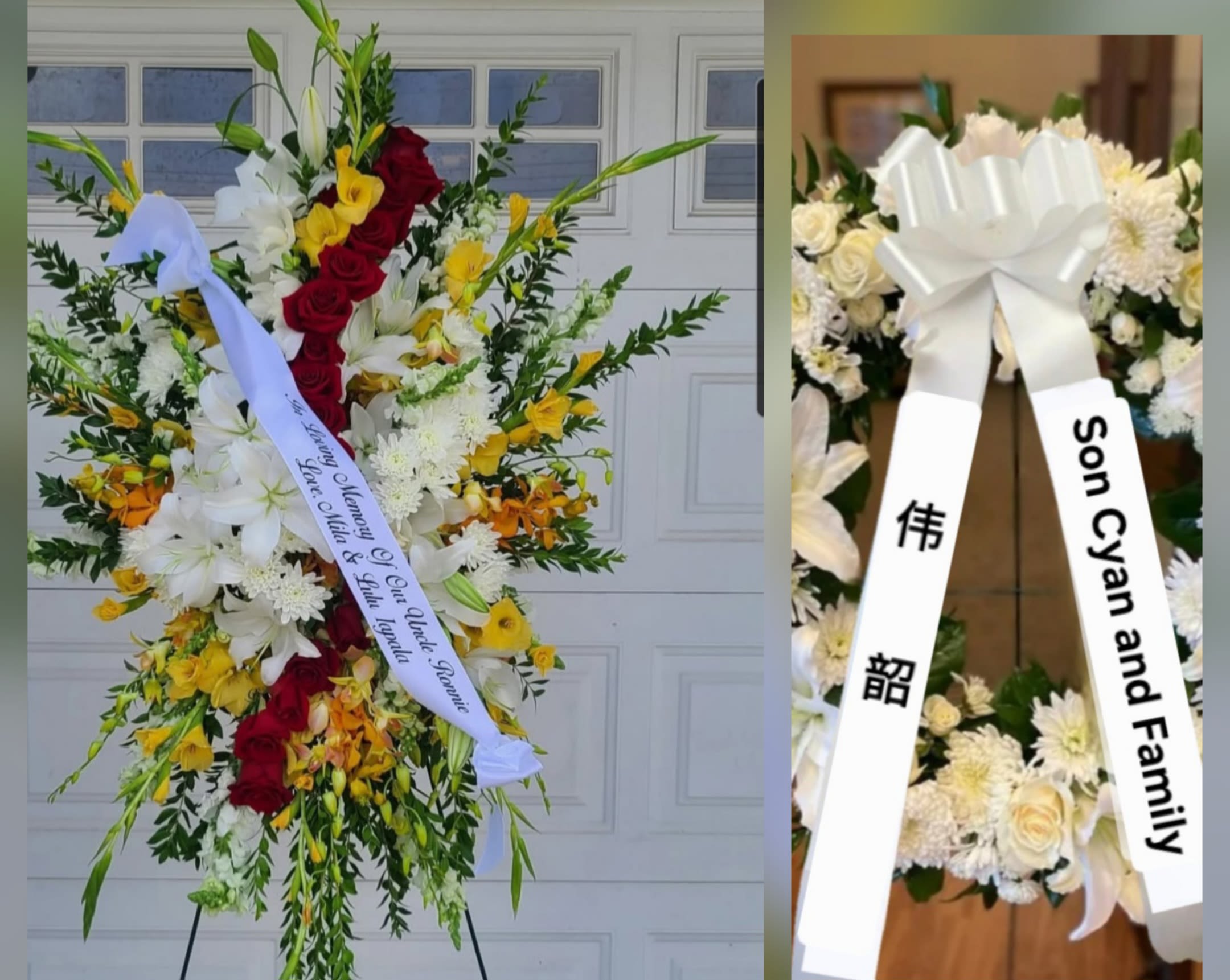 Sympathy Funeral Standing Spray - Red Roses, Yellow &amp; White Flowers - A tall, formal sympathy standing spray that combines deep red roses with luminous white lilies, chrysanthemums, and yellow accents to create a respectful memorial tribute. Designed for a funeral or remembrance service, the vertical oval form places a bold column of red roses down the center while white and yellow blooms lift and soften the silhouette, so the person you're honoring reads as seen and celebrated.  This arrangement is mounted on a standing easel and finished with a wide white mourning ribbon across the front for dedication text. Garden greenery frames the flowers for a full, layered look; included varieties are roses, lilies, calla lilies, chrysanthemums and alstroemeria in white, red, yellow and green tones. The composition is substantial and ceremonial in scale-meant for display at a service or graveside to convey sympathy and lasting respect.