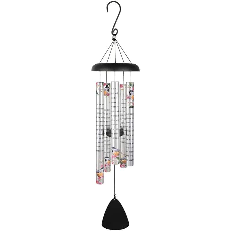 Metal wind chime with silver tubes printed with script and pastel floral accents hanging from a black top.