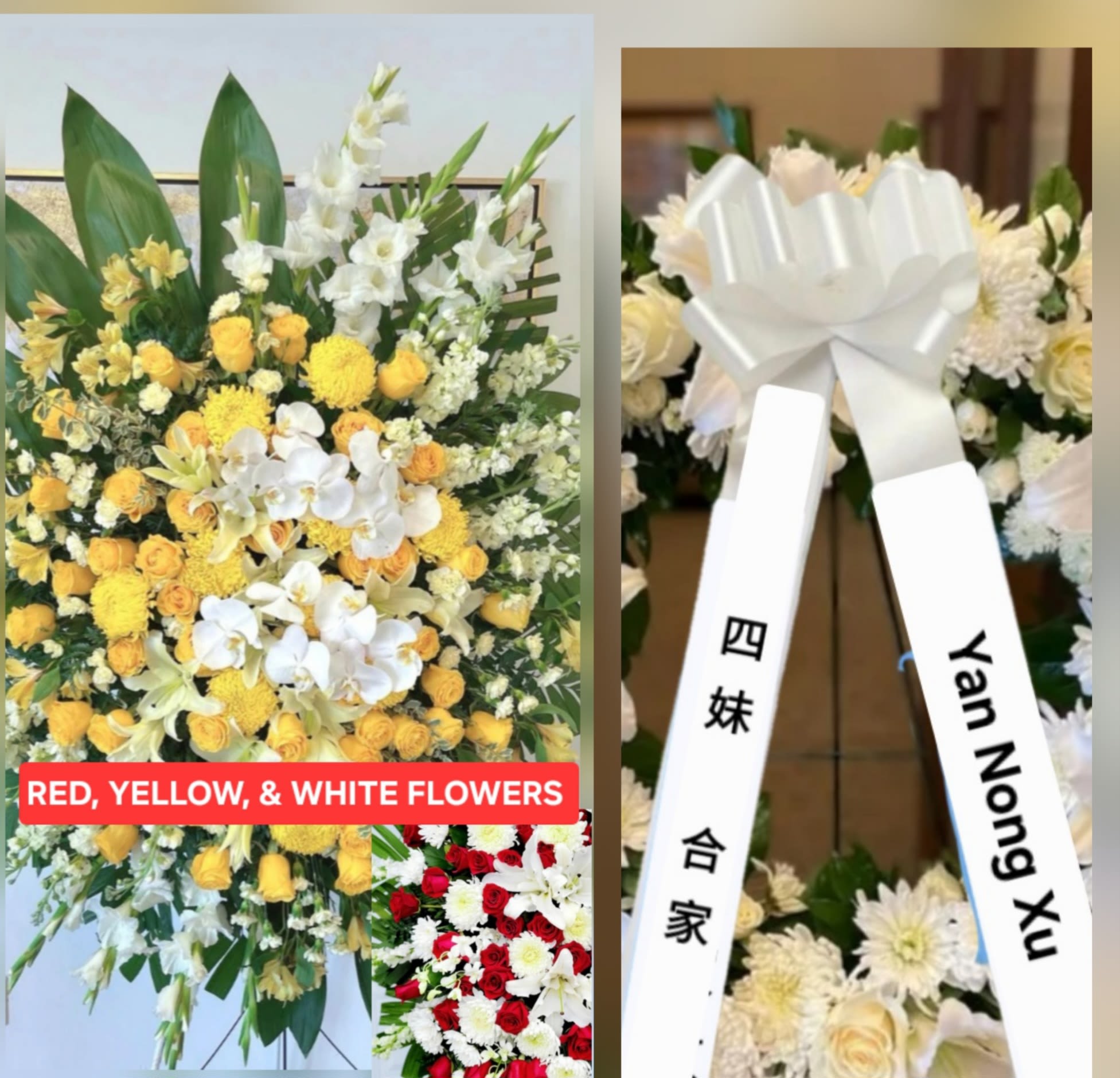 Funeral Sympathy Standing Spray - Yellow Roses, Red Roses,  White Orchids - A bright, ceremonial standing sympathy spray designed to honor a loved one with dignity and warmth. This large standing wreath-style arrangement features a restrained palette of white, yellow, green and mixed accents-perfect for a funeral or memorial service where you want to convey respect and uplifting comfort. The white ribbon bow and formal easel presentation give the tribute a traditional, honorable finish that reads as both comforting and celebratory of a life.  Dense clusters of yellow roses, white orchids, and round chrysanthemums are layered with tall tropical leaves and lush greenery to create a broad, fan-like silhouette with strong vertical presence. Alstroemeria and filler florals fill the spray for texture and continuity, while the orchids and spikes add elegant height. The design is formal and abundant, with the white blooms softening the vibrant yellow for a balanced, respectful look; a red, white, and green version is also available.  Appropriate for a funeral, memorial service, or graveside tribute, this arrangement is meant to make the recipient's family feel honored and seen during a difficult time. It is delivered on a standing easel with a white ribbon bow and floral spray frame for immediate display-please specify placement and any personalization when ordering so we can prepare the tribute exactly as you intend.