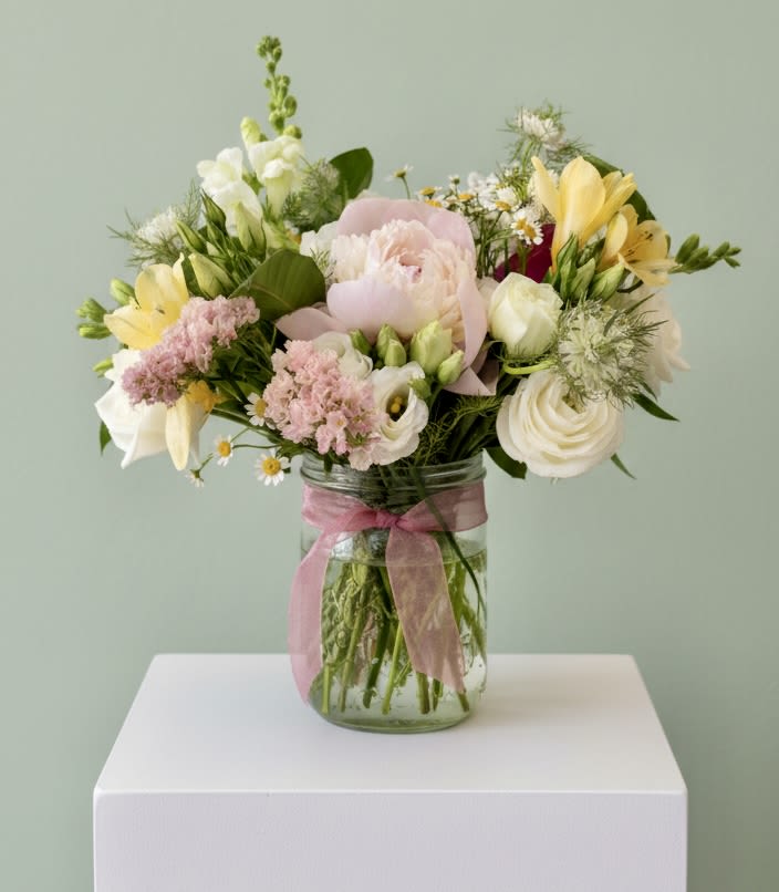 Loving Arrangement  - A breezy, garden-style flower arrangement that feels like a soft spring morning-this Loving Arrangement is a mixed-color bouquet perfect for spring gifting, Mother's Day, birthdays, or a thoughtful thank-you. The pastel palette of pink, white, and pale yellow creates a romantic, cheerful impression that will make the person you're thinking of feel genuinely seen and celebrated.  Featuring lisianthus, ranunculus, snapdragons, daisies, and delicate filler blooms, the hand-tied bouquet has a loose, airy silhouette with a medium, rounded shape that reads fresh and casual. Stems are arranged in a clear glass jar tied with a sheer pink ribbon, where layers of blooms and green foliage create texture and gentle vertical interest from the snapdragons.  Ideal for tabletops, kitchen counters, or a bedside surprise, this arrangement arrives ready to display. Trim the stems and change the water every few days to keep the flowers looking their best and extend their cheerful presence.  Every effort will be made to recreate your chosen design. Please note that from time to time due to product availability and quality we may need to make substitutions. We will make sure to keep the original design in mind when making substitutions.