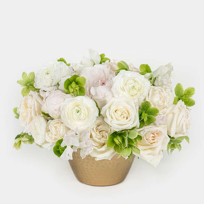 White roses and ranunculus in a gold vase with green accents