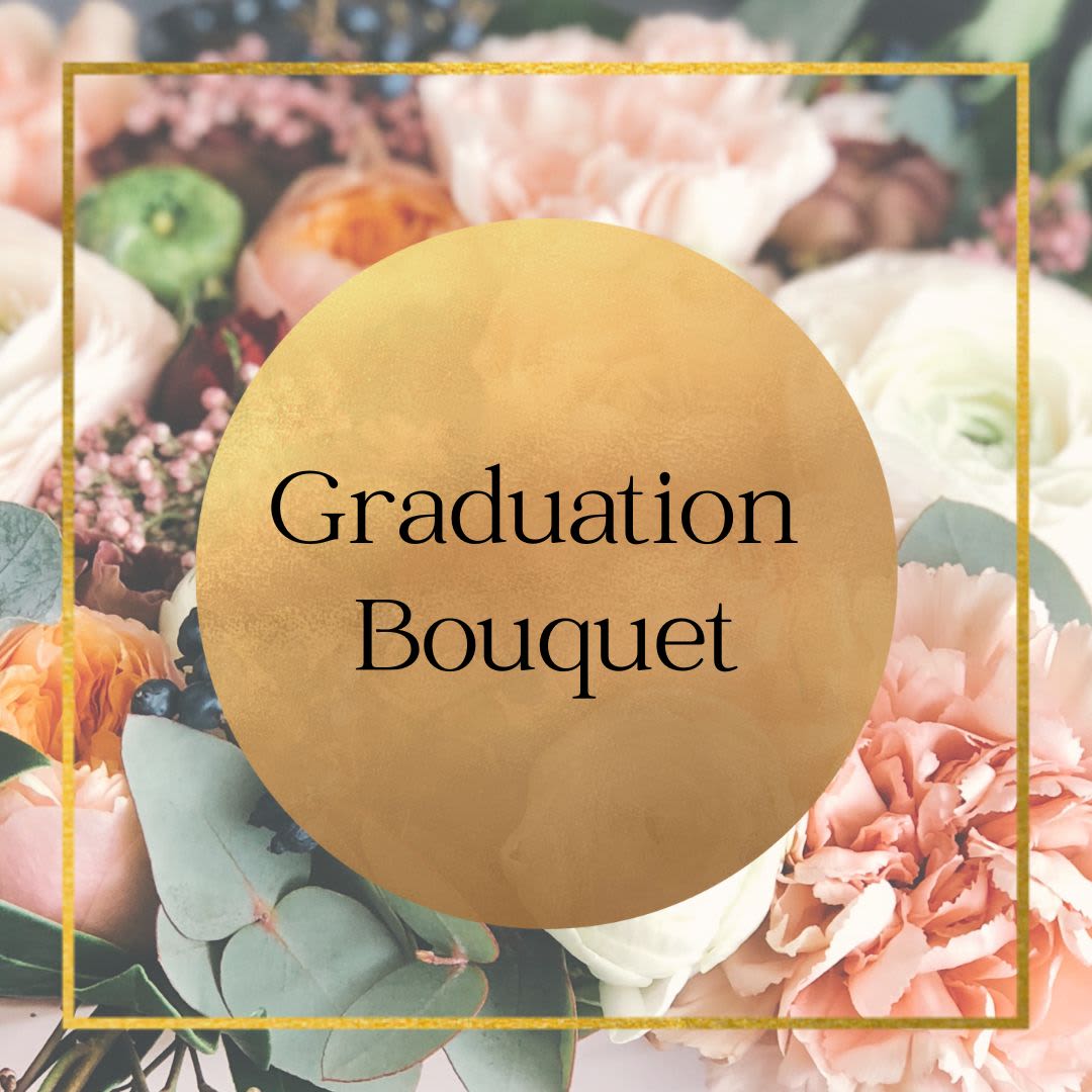 Graduation bouquet sign over a floral background