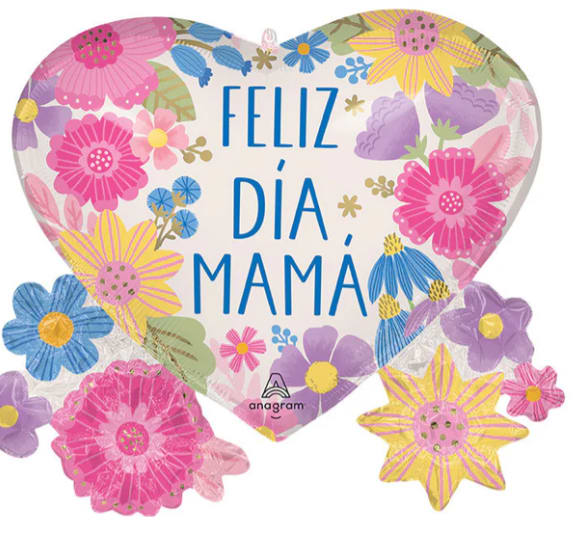 Feliz Dia Mama Mylar (M) - 29in mylar that you can add to any balloon bouquet, stuffed animal, box of chocolates, or floral arrangement. *if you're ordering multiple balloons individually (not in an already advertised set or tied to a flower arrangement/stuffed animal) you will need to purchase a balloon weight otherwise the balloons will need to be picked up*