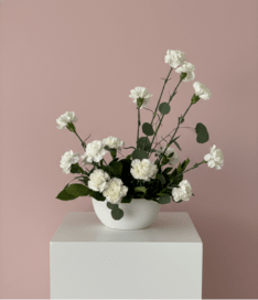 White carnations in a white bowl vase on a pedestal