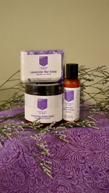 Lavender bath gift set with soap, bath salts, and lotion