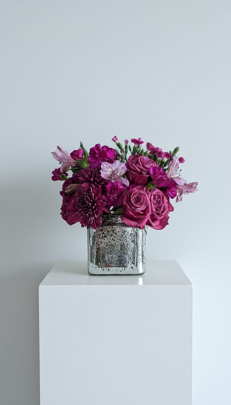 Berry Elegance - A rich and romantic arrangement featuring vibrant roses and textured blooms in deep berry tones, designed in a luxe mercury glass vase. Perfect for celebrating life’s everyday moments with a touch of elegance and warmth.