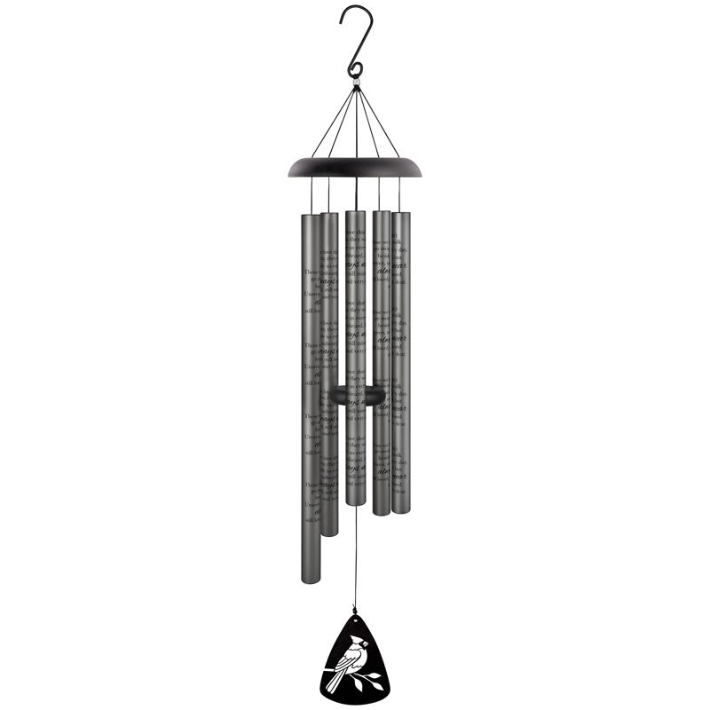 Black metal wind chime with engraved tubes and bird design sail on a hook