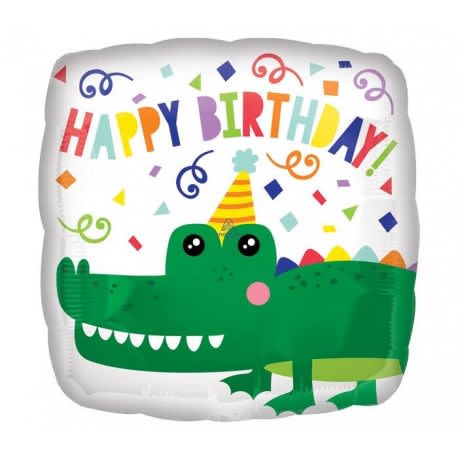 Birthday balloon with a green crocodile and colorful confetti