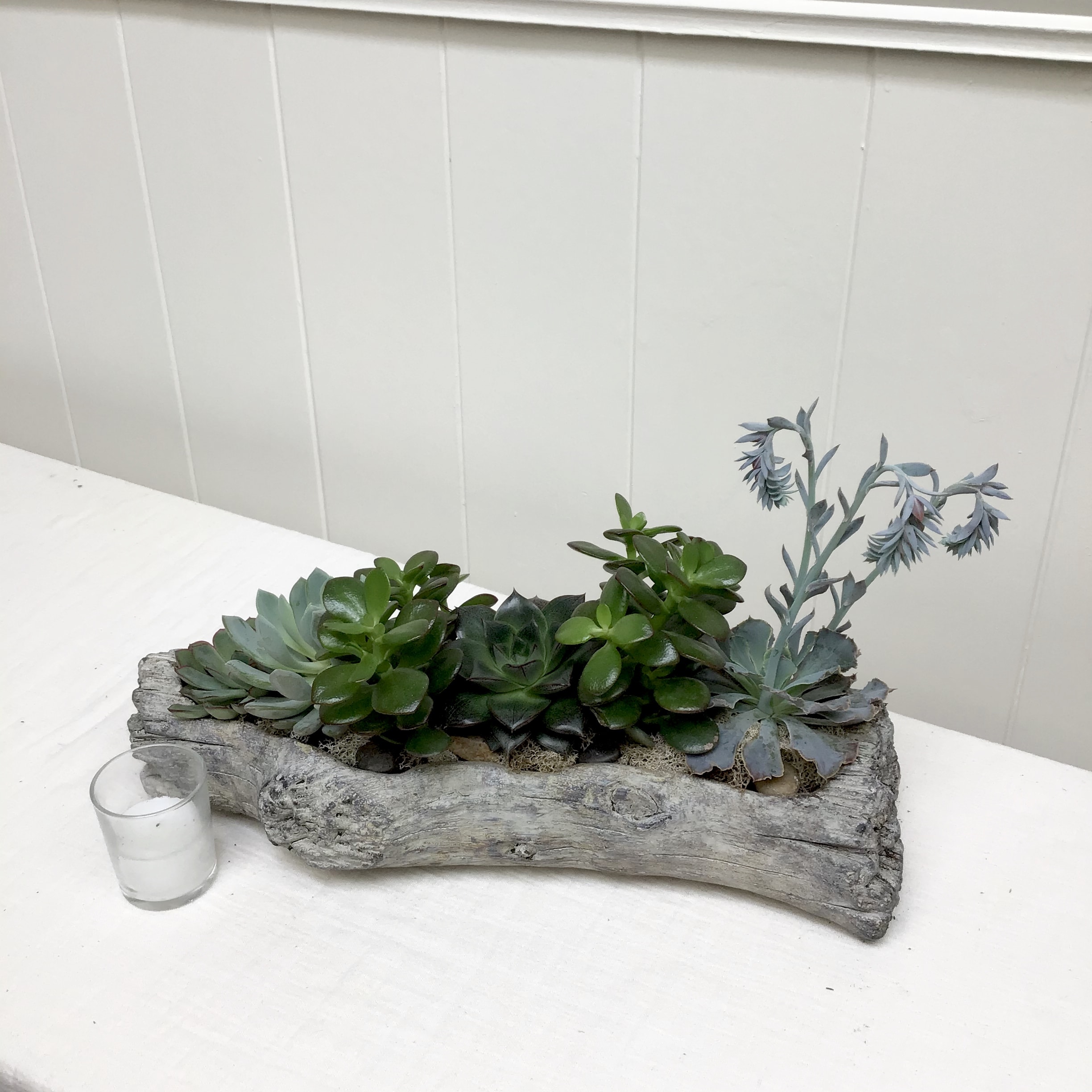 Succulent arrangement in a rustic wood planter with a small glass votive