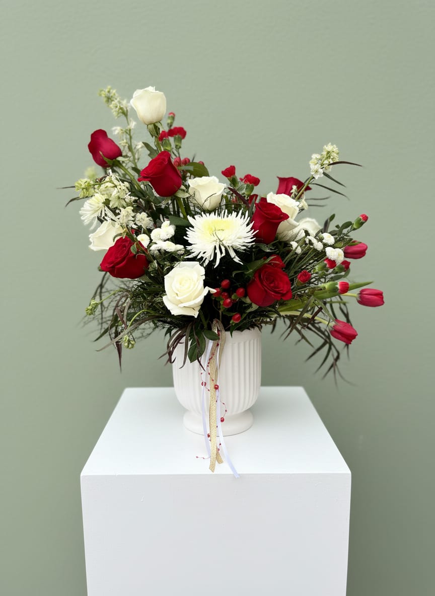 Eternal Love - A stunning and elegant arrangement that beautifully captures the essence of timeless romance and heartfelt emotions. Designed with a sophisticated blend of rich red and soft white tones, this piece creates a harmonious balance between passion and purity. Accented with fresh greenery and arranged in a modern ceramic vase, it offers a refined and graceful presentation. Perfect for expressing love, sympathy, or appreciation, this arrangement is ideal for anniversaries, special occasions, or simply to make someone feel truly special.