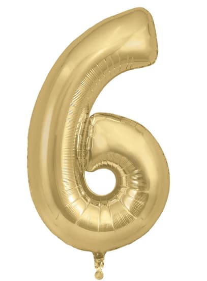 Gold foil balloon shaped like the number 6