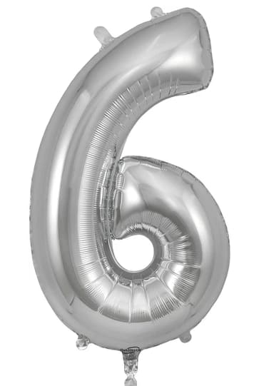Silver foil balloon shaped like the number 6