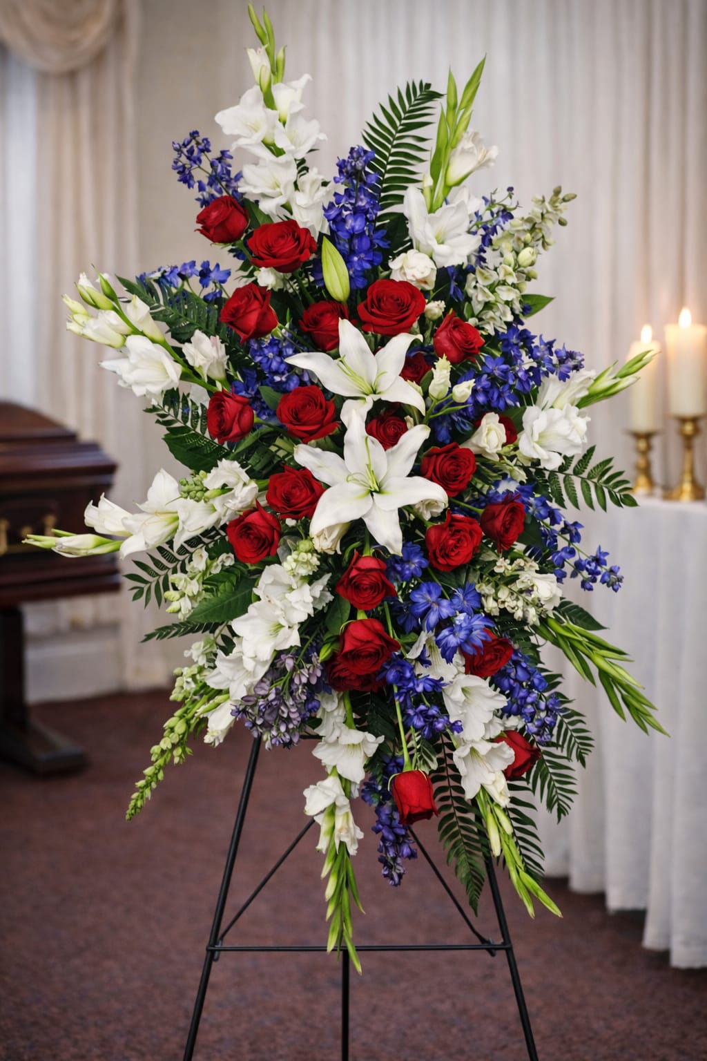 Standing floral spray with red roses, white lilies, and blue flowers
