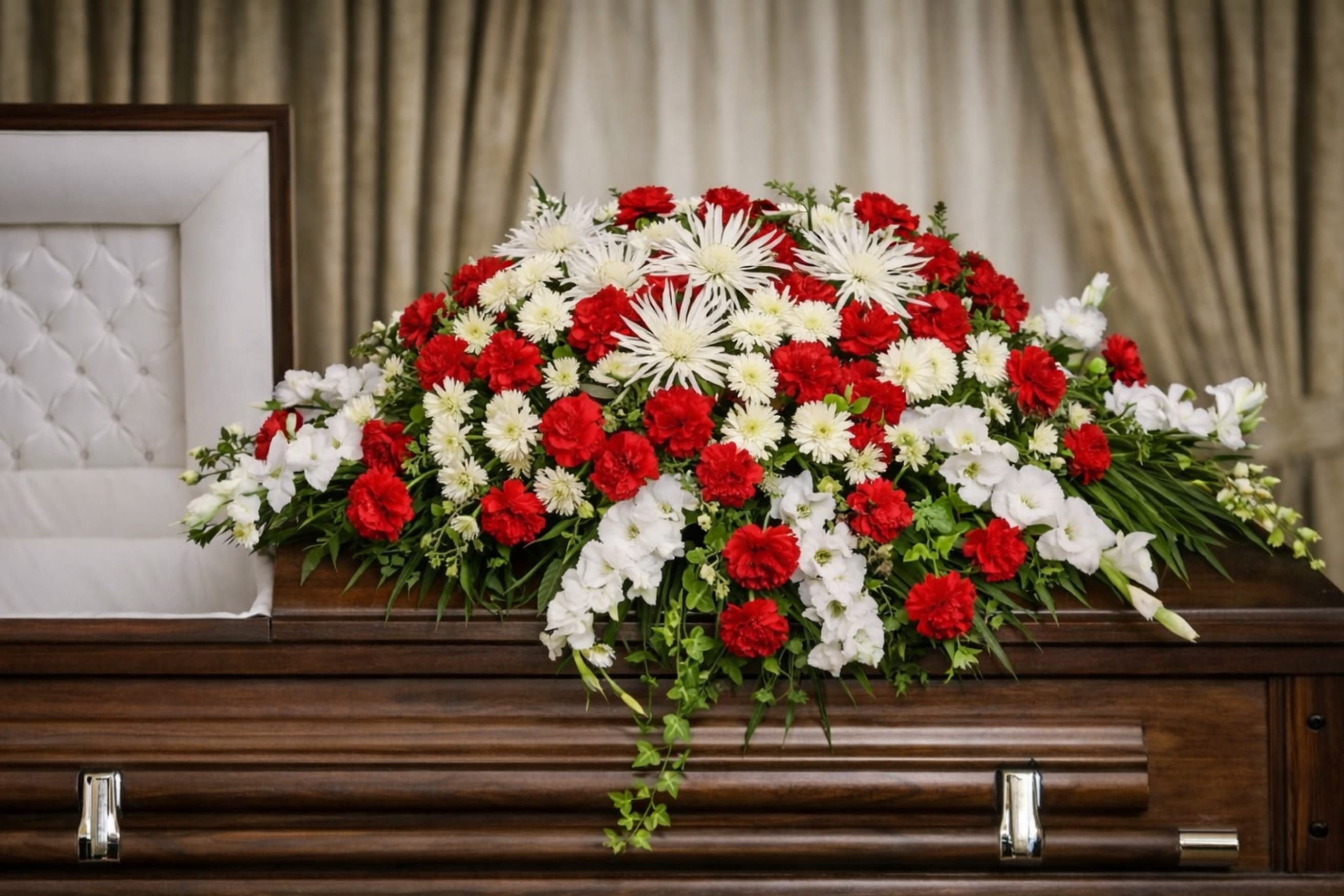 Graceful Casket Spray  - The Graceful Casket Spray from FloralFabulous is a classic and elegant tribute designed to honor a loved one with dignity, respect, and heartfelt remembrance. This beautiful arrangement features a harmonious blend of rich red and pristine white blooms, including carnations, chrysanthemums, and delicate accent flowers, all complemented by fresh greenery.  The red and white color palette symbolizes love, honor, purity, and remembrance, making this arrangement a traditional and meaningful choice for funeral and memorial services. Designed to rest gracefully atop the casket, this spray creates a refined and comforting focal point during services.  The Graceful Casket Spray offers a timeless expression of sympathy, providing comfort and support to family and friends while celebrating a life well lived with grace and dignity.  FloralFabulous proudly provides funeral flower delivery and casket sprays in Round Rock, TX and the greater Austin area, helping families express love, remembrance, and heartfelt condolences with care and professionalism.